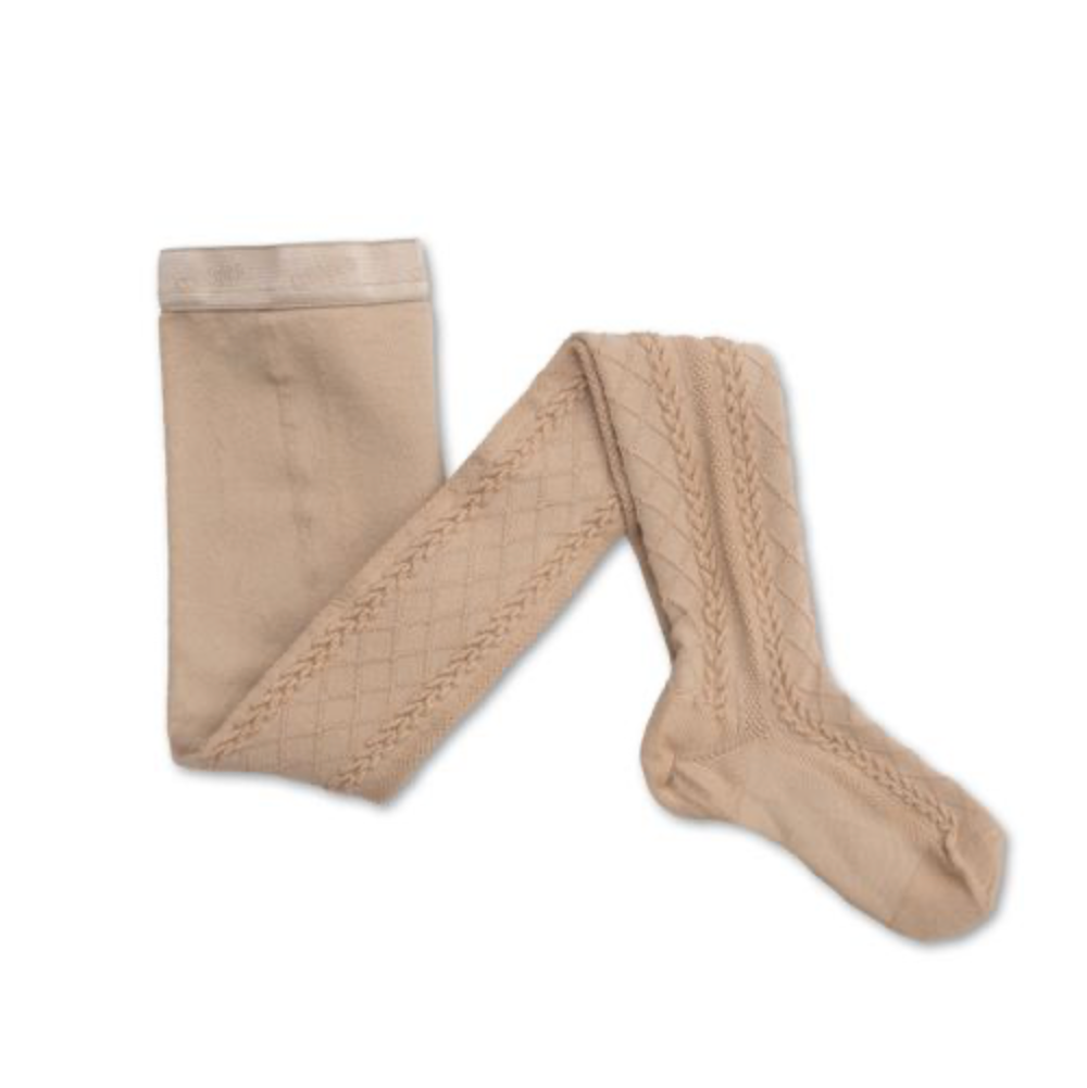 A pair of beige knit tights with a diamond lattice pattern and braided detailing, displayed on a white background.