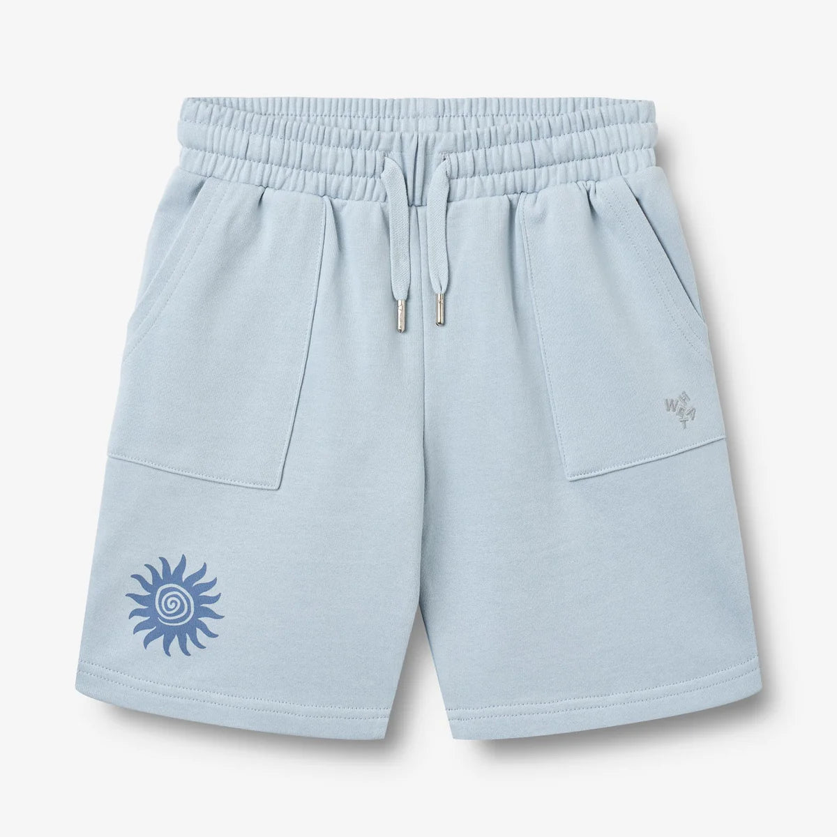 Light blue shorts with a logo on a white background
