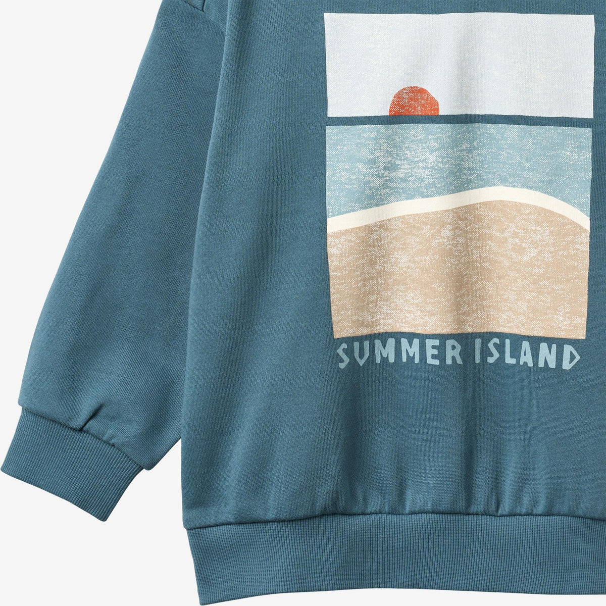 Teal sweatshirt with 'Summer Island' graphic design on a white background