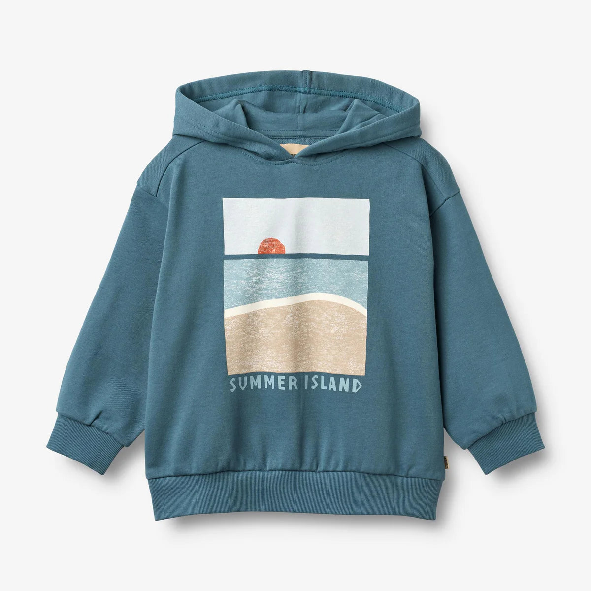 Blue hoodie with a beach graphic and 'Summer Island' text on a light gray background