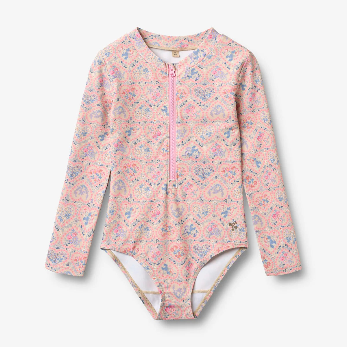 Child wearing a floral swimsuit with a white background