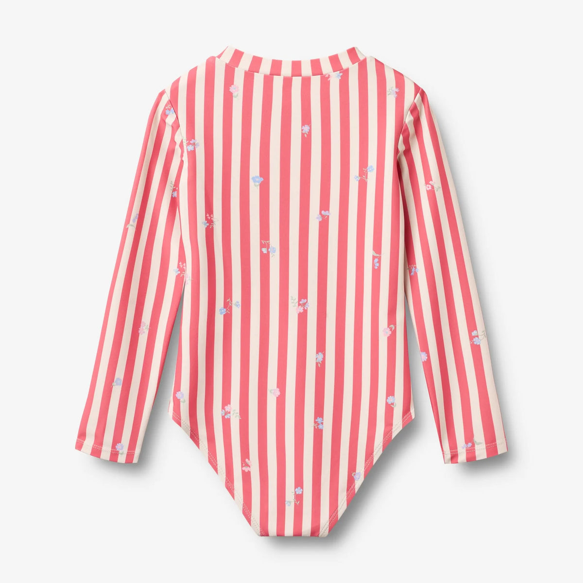 Red and white striped shirt with small floral pattern on a light gray background