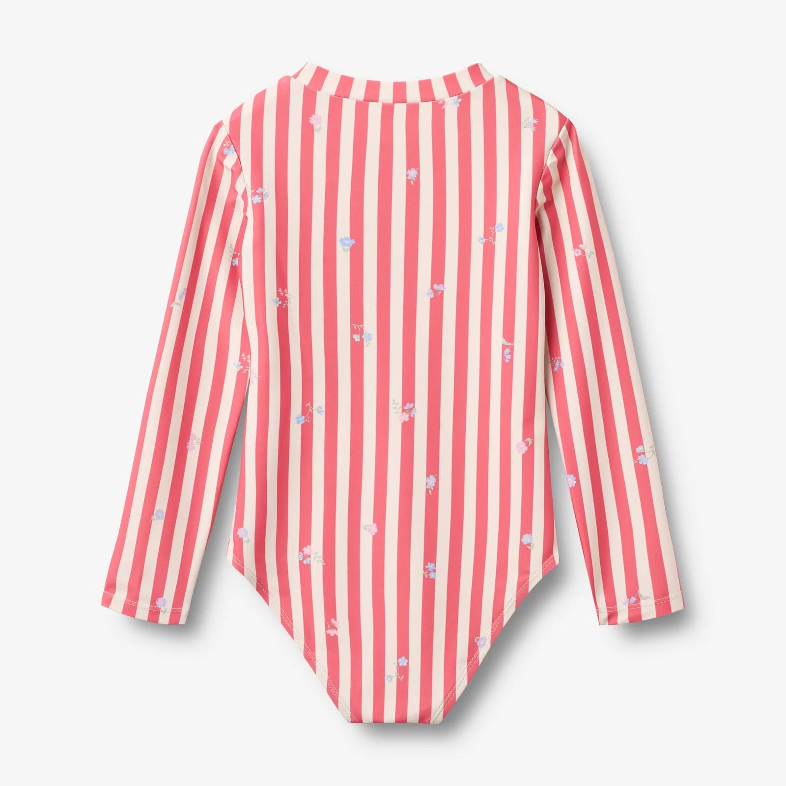 Red and white striped swimsuit with long sleeves on a light gray background
