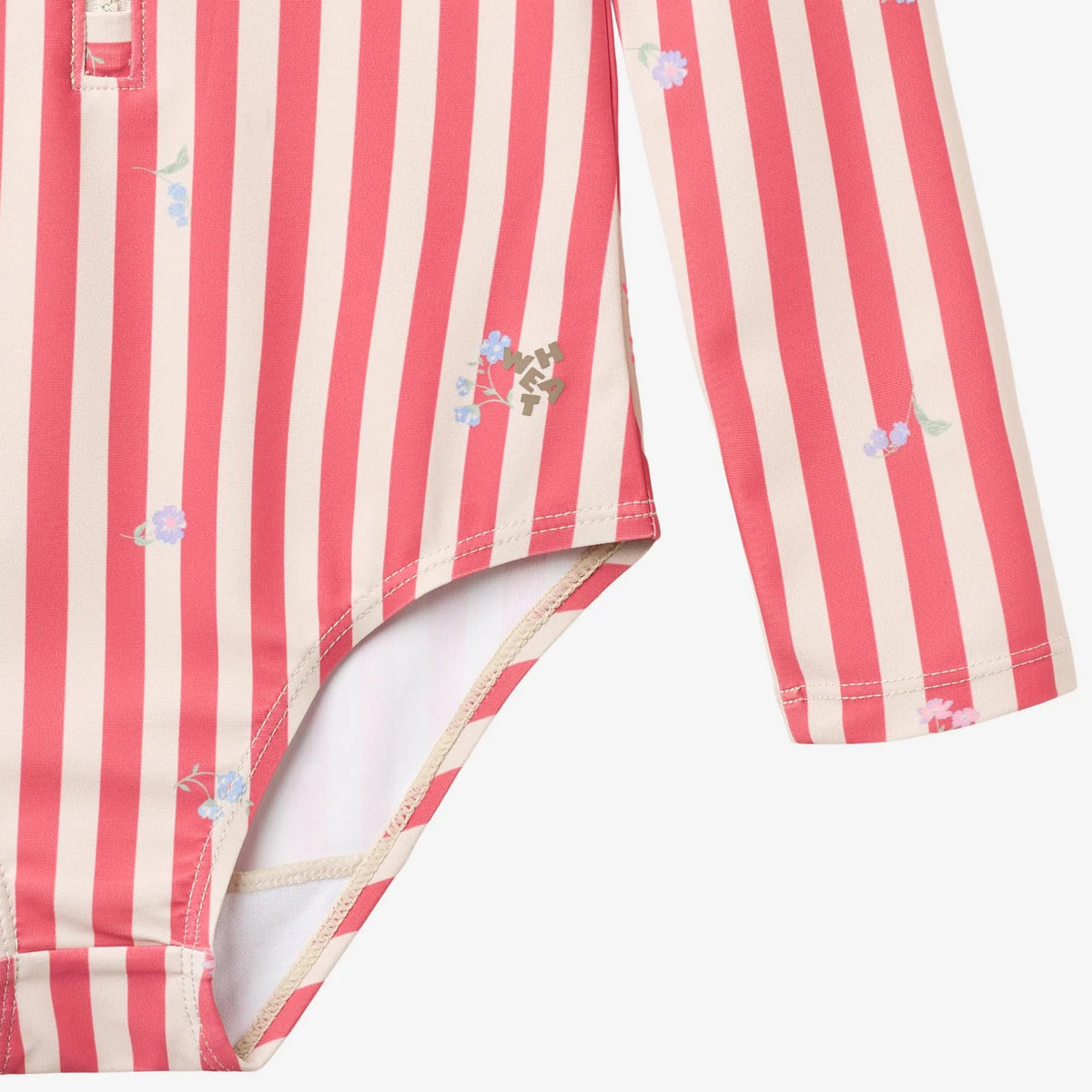 Red and white striped shorts with floral embroidery on a white background