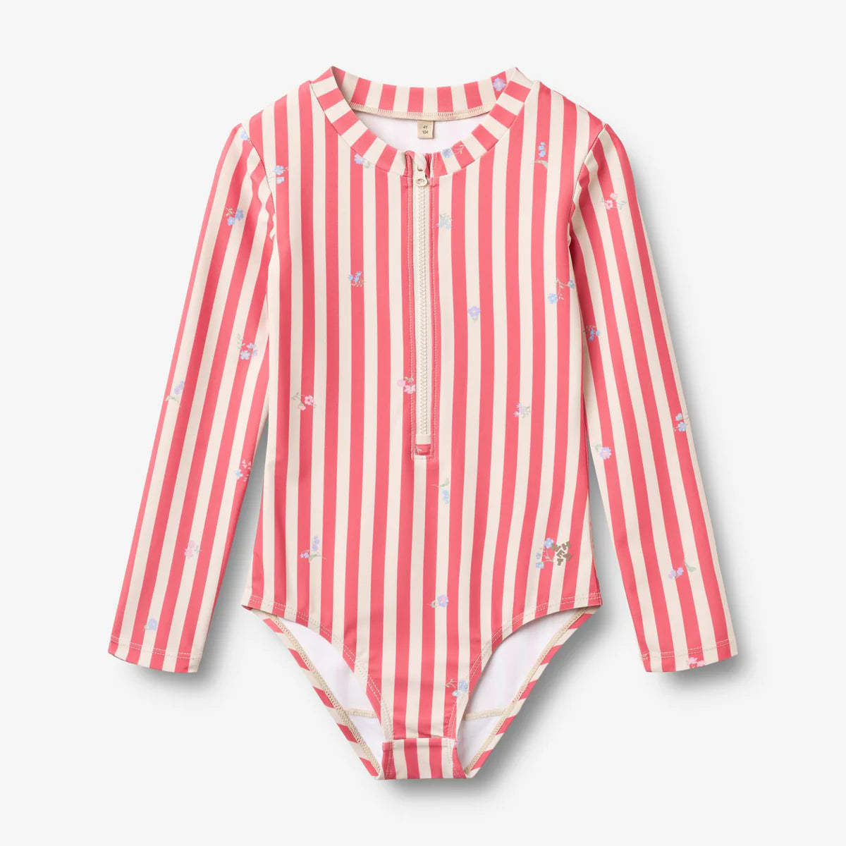 Red and white striped swimsuit with long sleeves on a light gray background