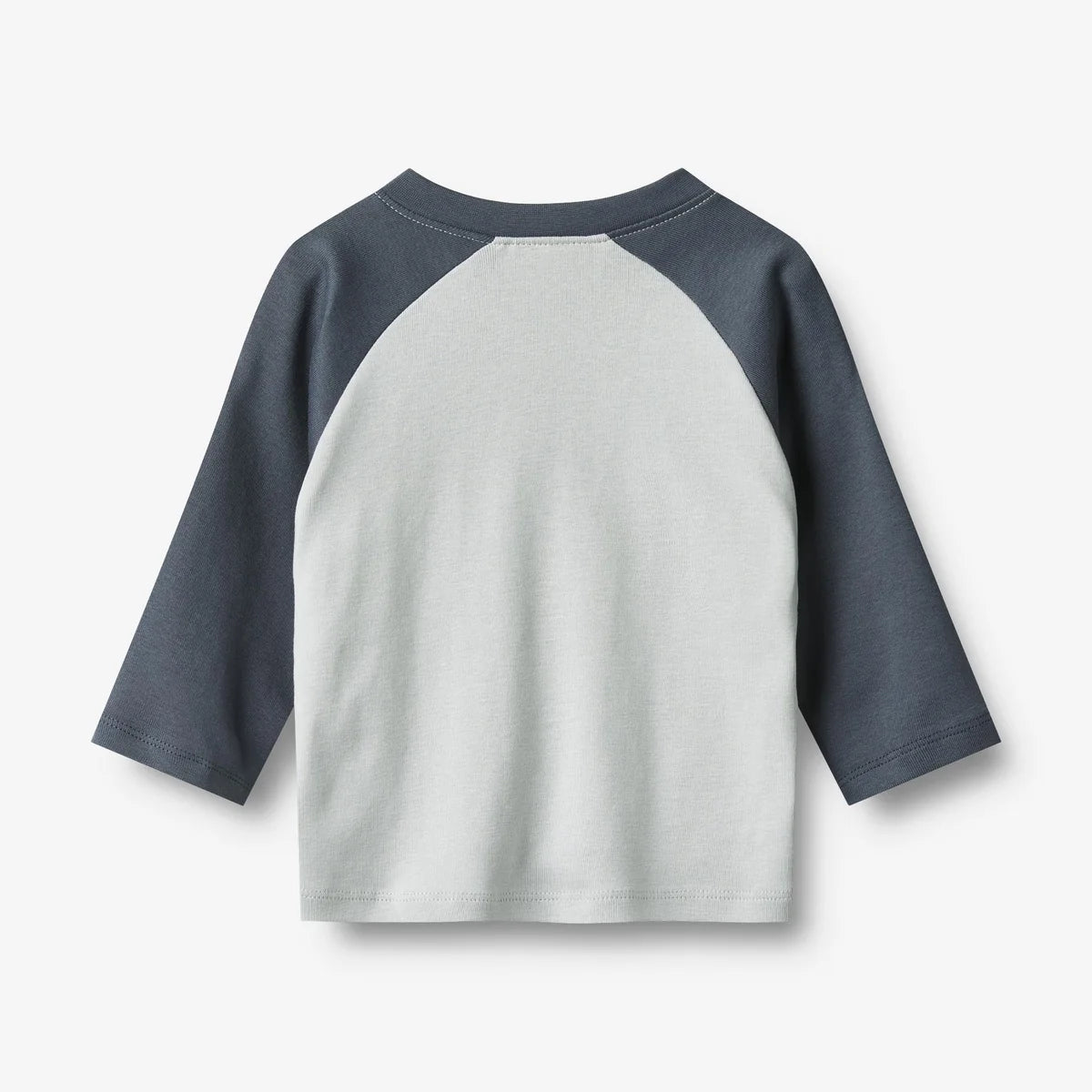 A toddler raglan baseball t-shirt shown from the back, featuring a light gray body and dark slate blue sleeves, photographed on a clean white background.