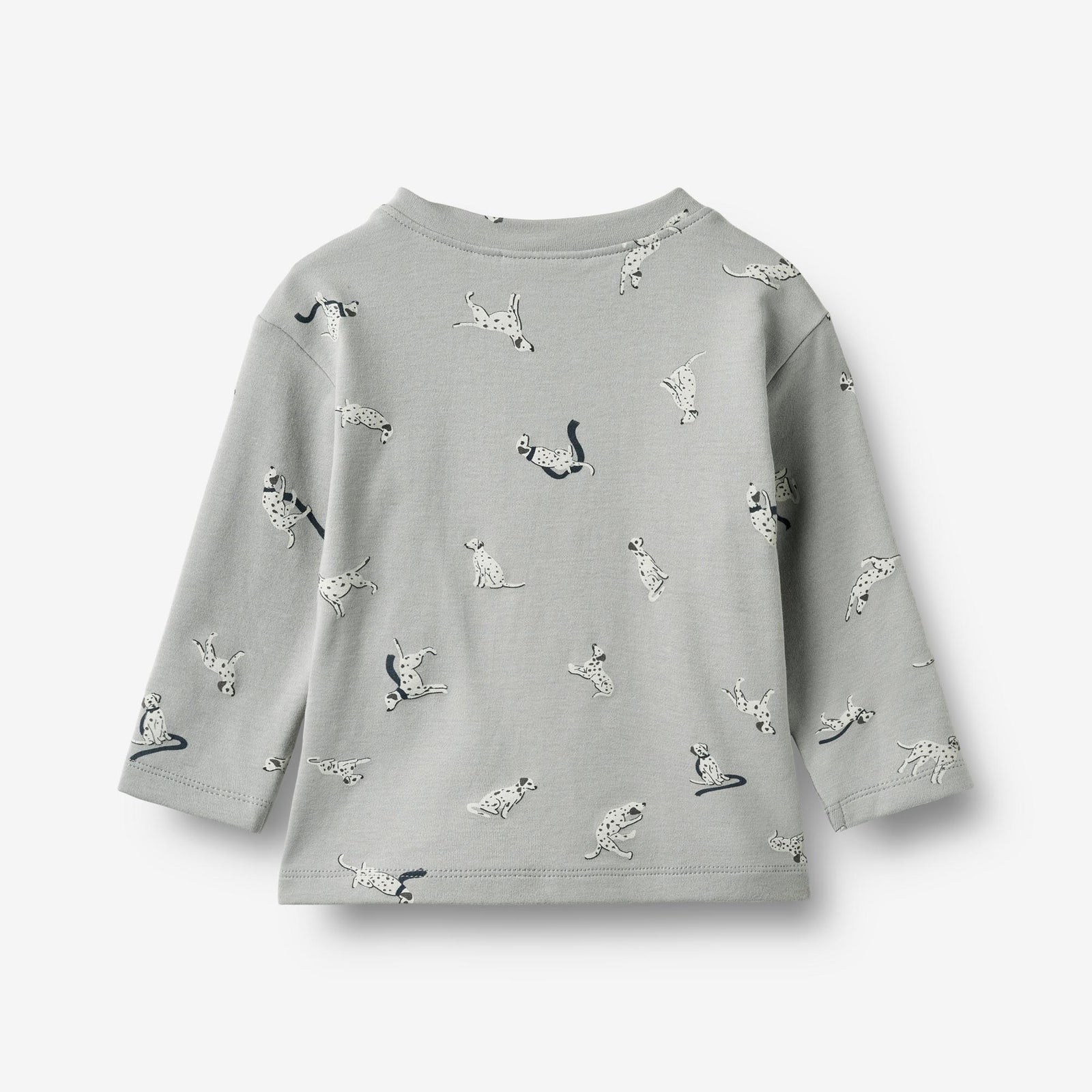 A light gray long-sleeve baby top with an all-over print of dalmatian dogs and a small black leash displayed on a clean white background.