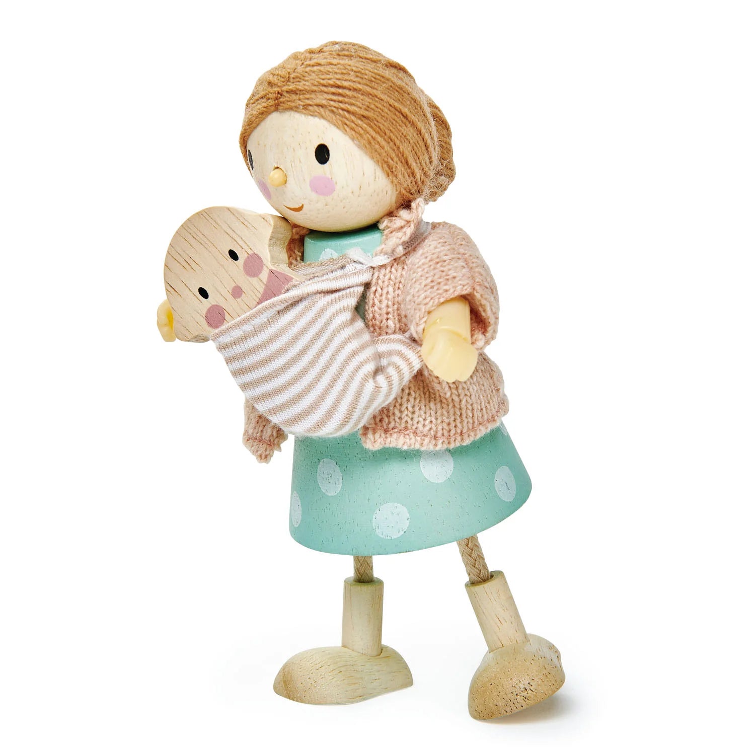 Wooden doll holding a smaller wooden doll on a white background