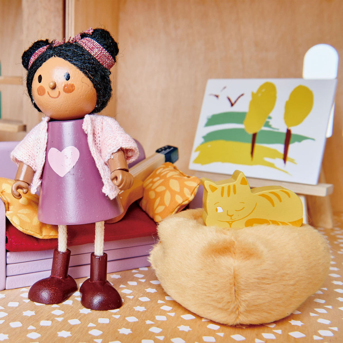 Toy figuresin a room with furniture, cat  and decor