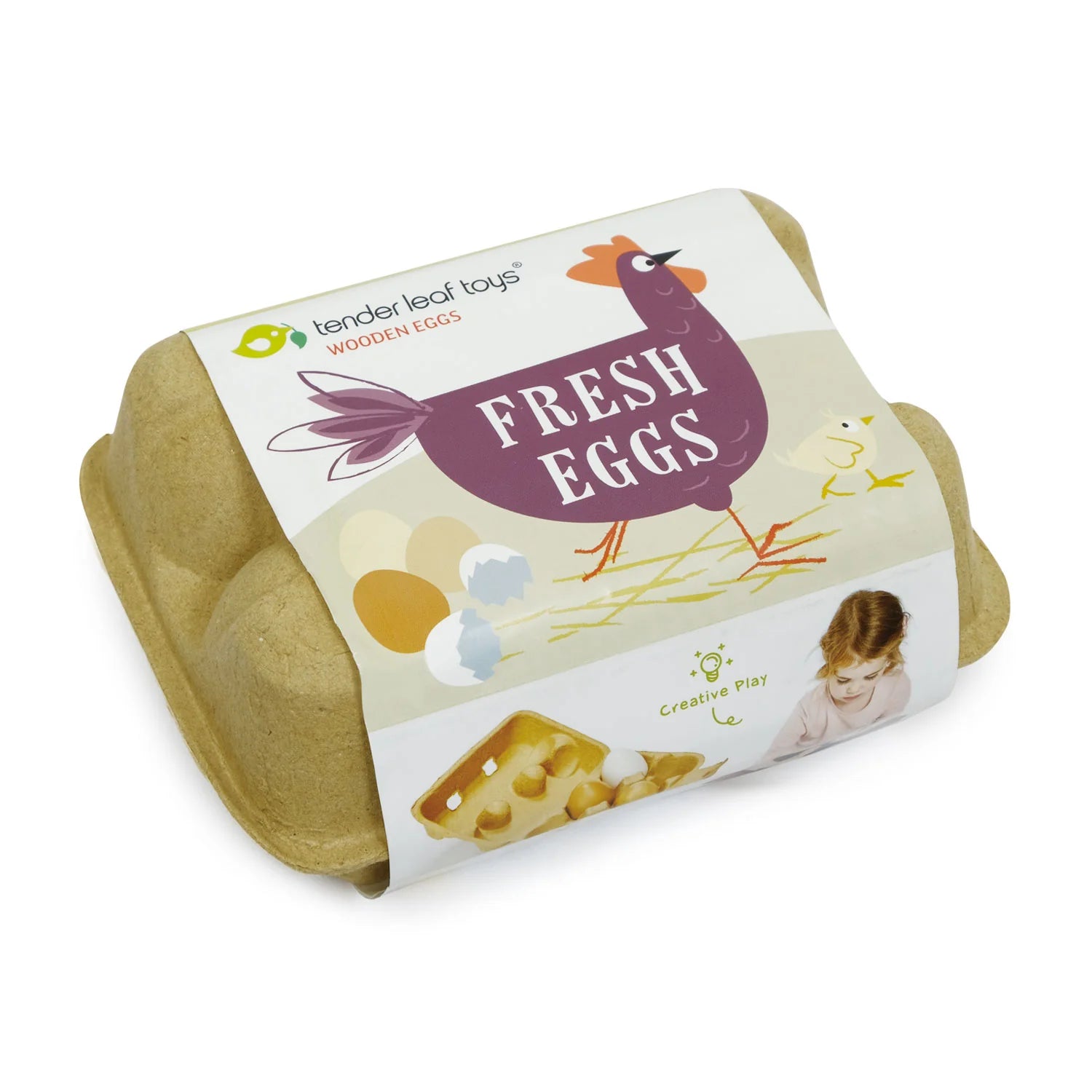 Egg carton with 'Fresh Eggs' label and tender leaf toys branding on a white background