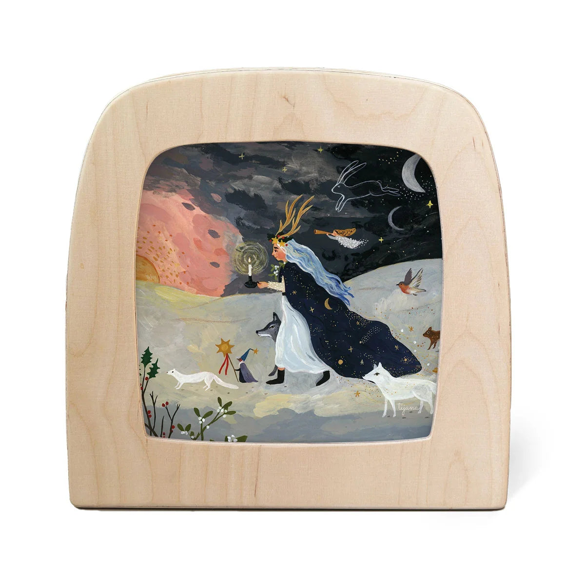 Wooden frame with a painted scene of a person with antlers and animals against a night sky.