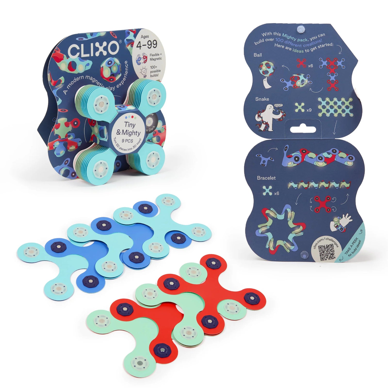 Clixo toy packaging with colorful magnetic pieces on a white background