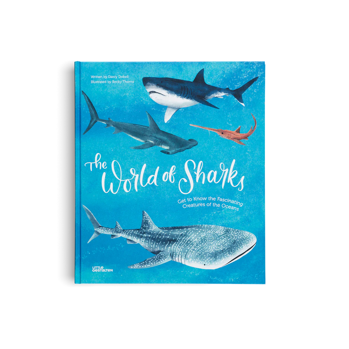 Book cover of 'The World of Sharks' with illustrations of sharks on a blue background