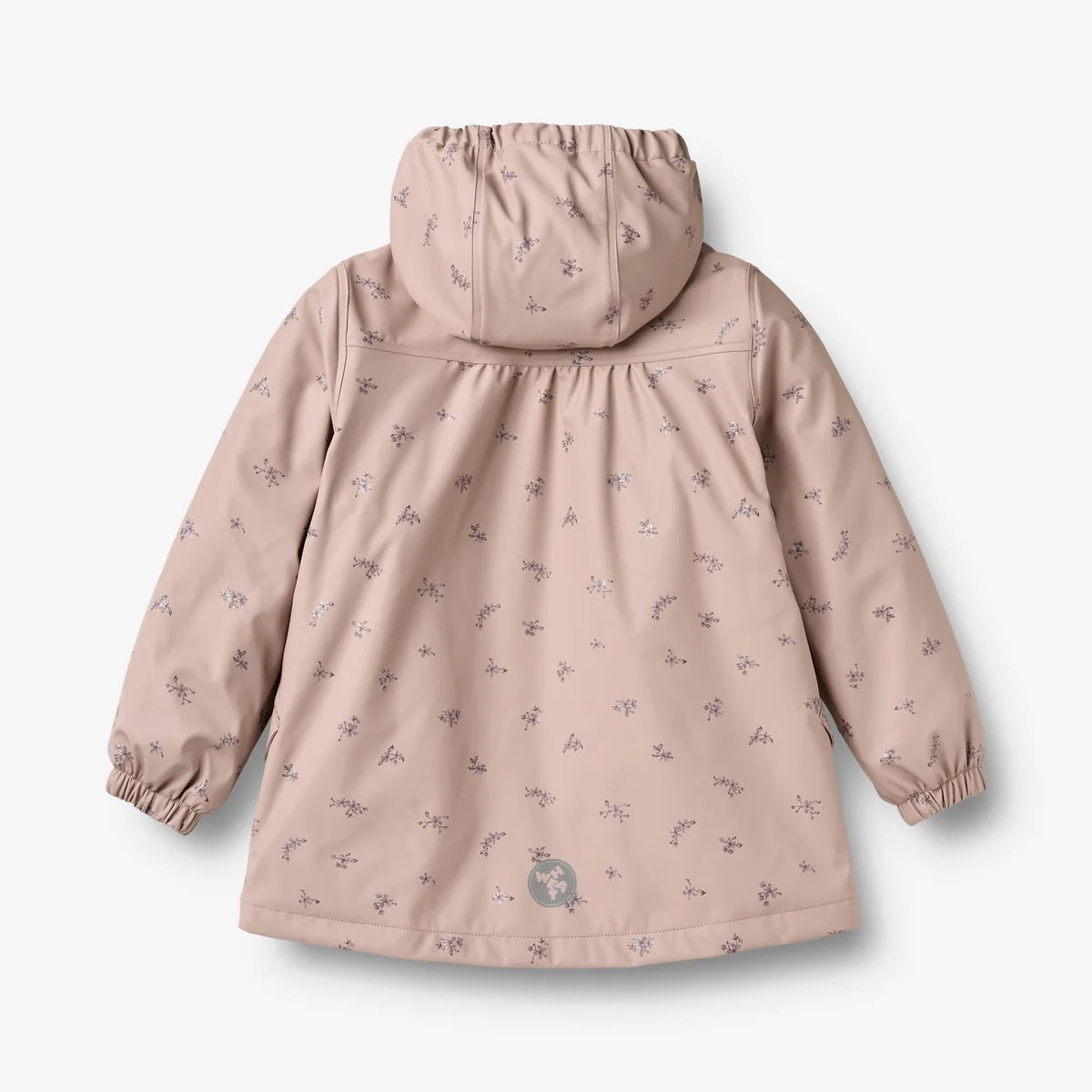 A children's hooded rain jacket in a dusty pink color, featuring a delicate all-over floral print in muted purple and green. The jacket has elasticized cuffs and hood, and is photographed from the back against a clean, light gray background.