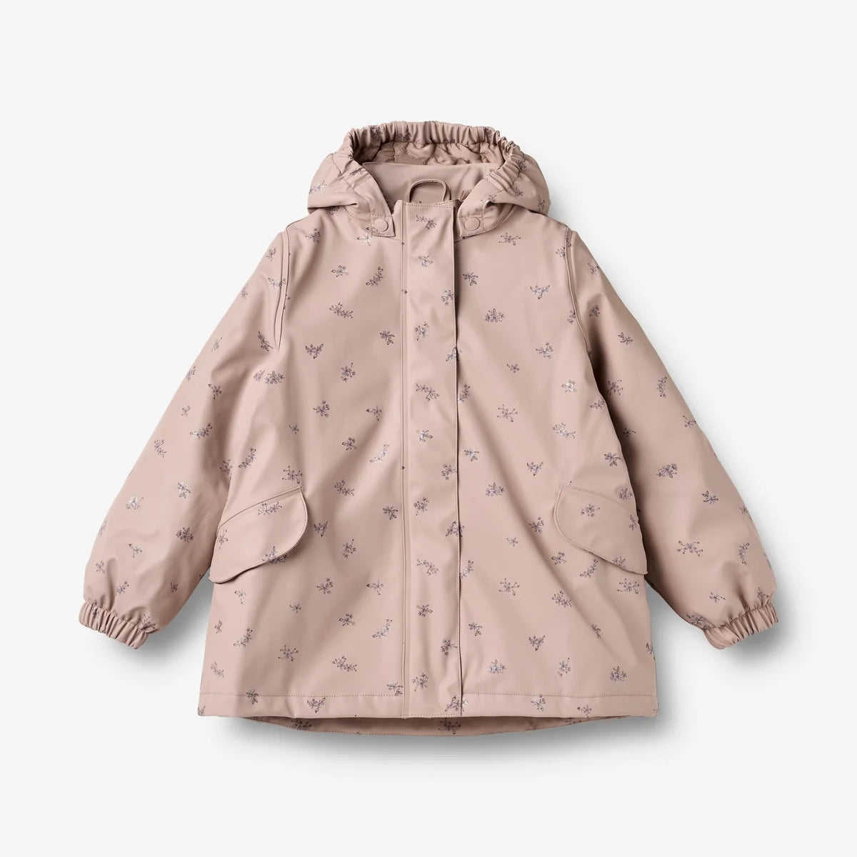 A children's hooded raincoat in a dusty pink color, decorated with a small all-over pattern, shown against a light gray background.