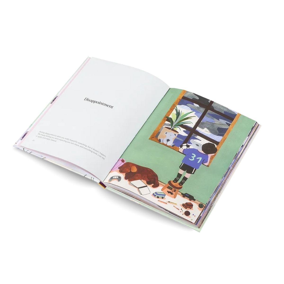 Open book with a colorful illustration on a white background