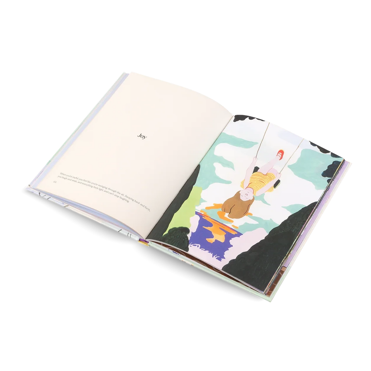 Open book with a colorful illustration on a white background
