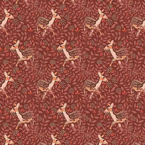 Pattern of deer and leaves on a red background