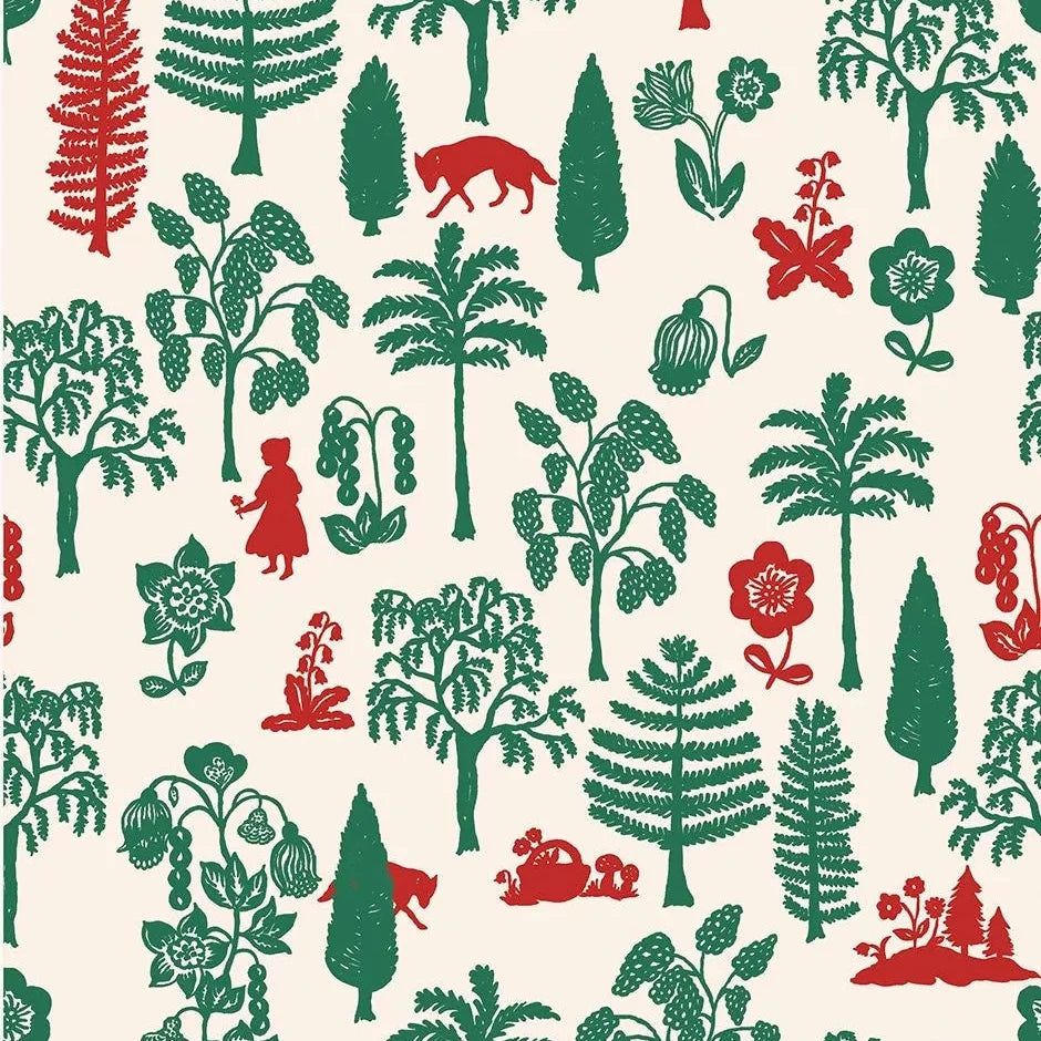 A repeating vintage-style botanical pattern featuring green trees, ferns, flowers, and small red animals and foliage on an off-white background.