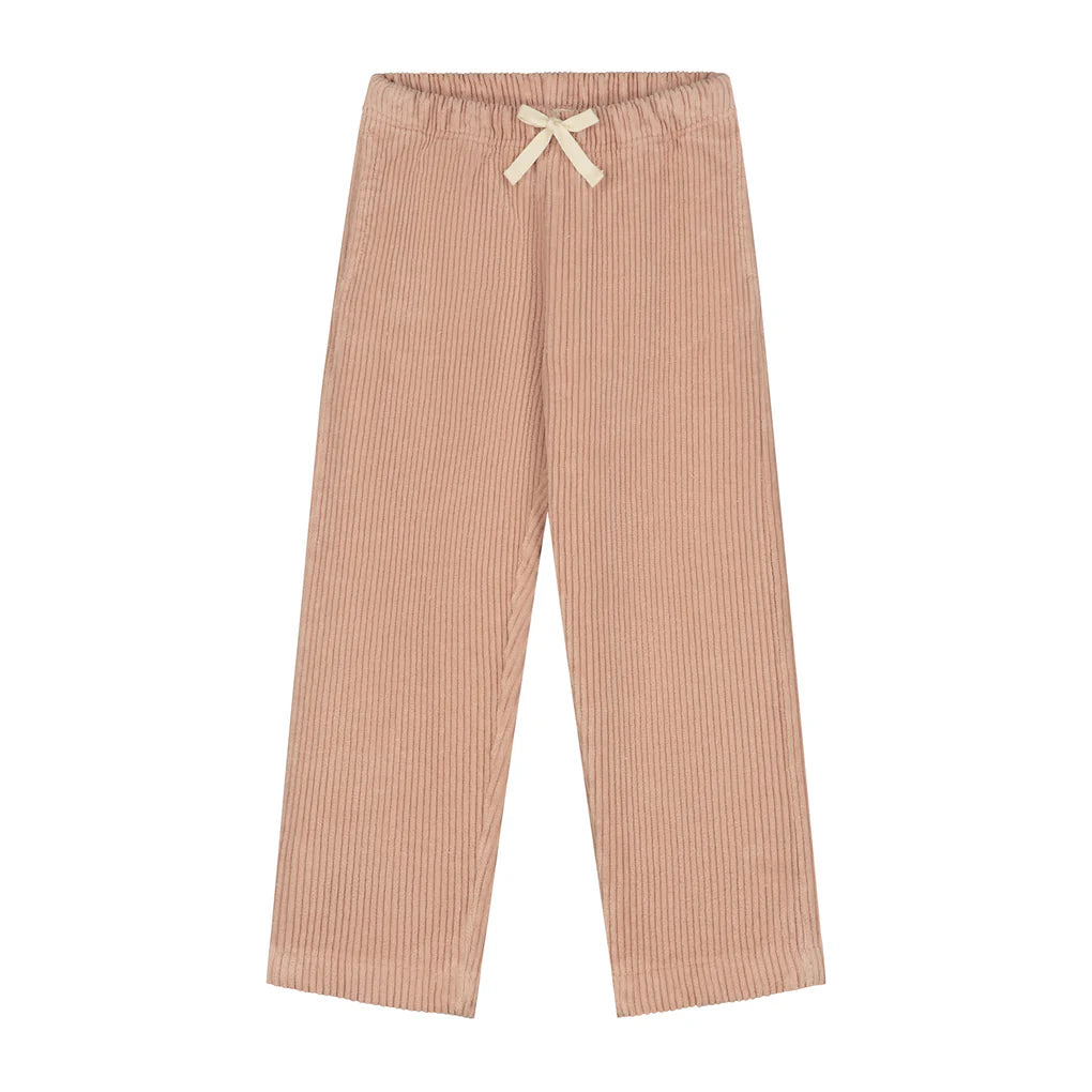 vintage pink ribbed pants with a white drawstring on a white background