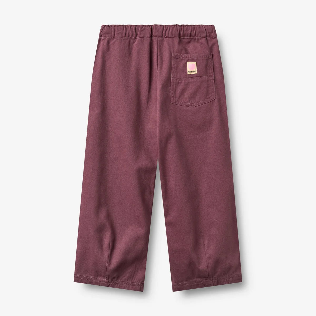 A pair of pants in a dusty burgundy color, shown from the back. The pants feature an elastic waistband, straight legs, and a back pocket with a small pink logo patch.
