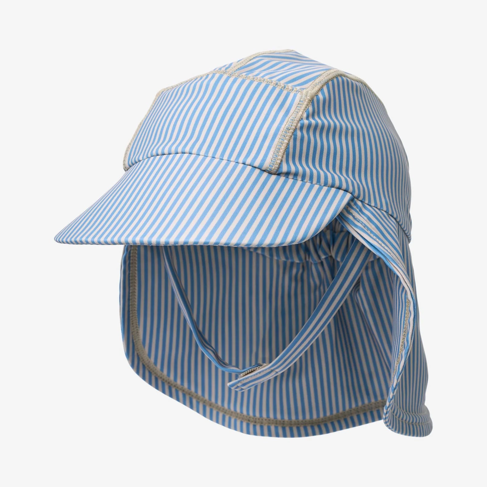 Blue and white striped sun hat with neck flap on a white background
