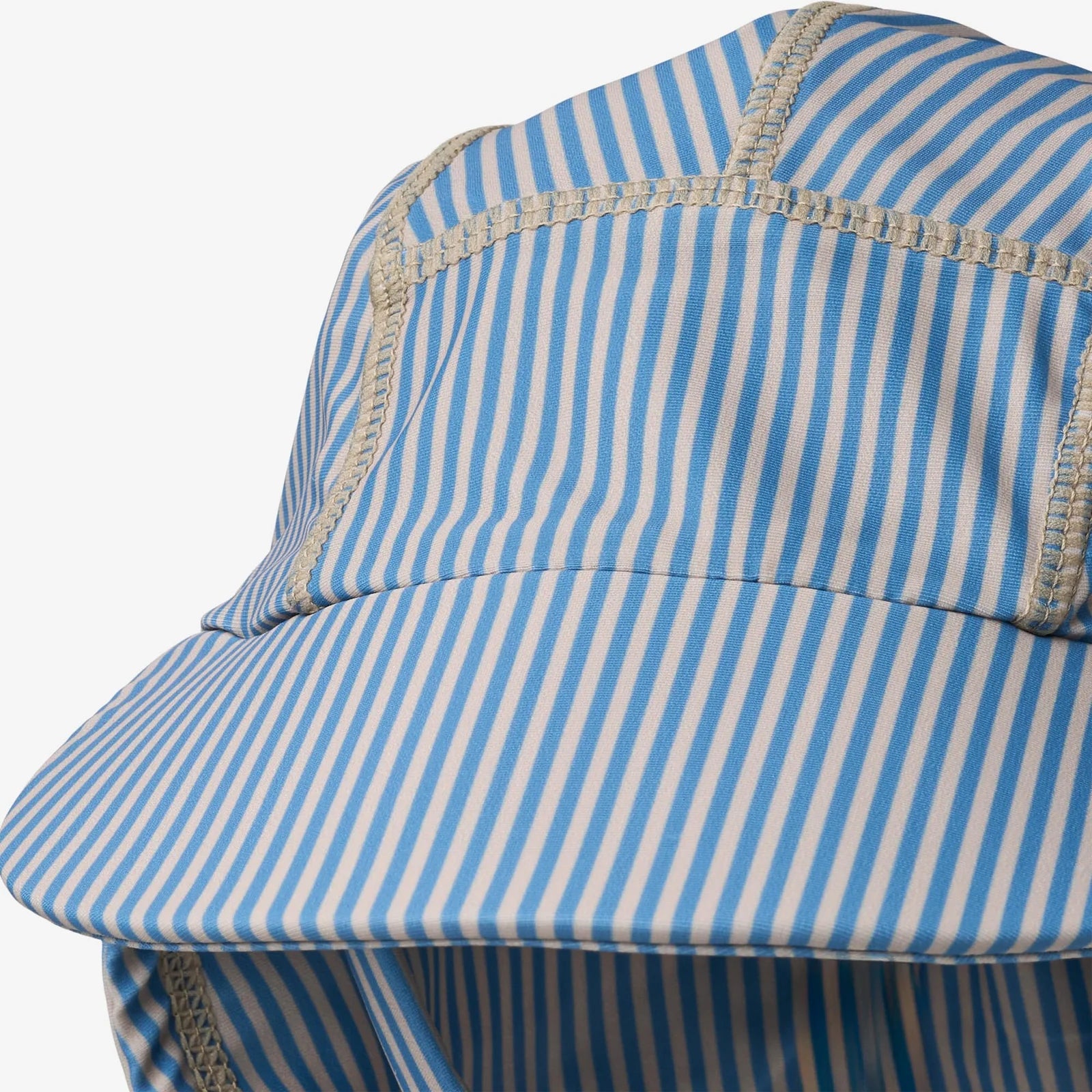 Blue and white striped sun hat with neck flap on a white background