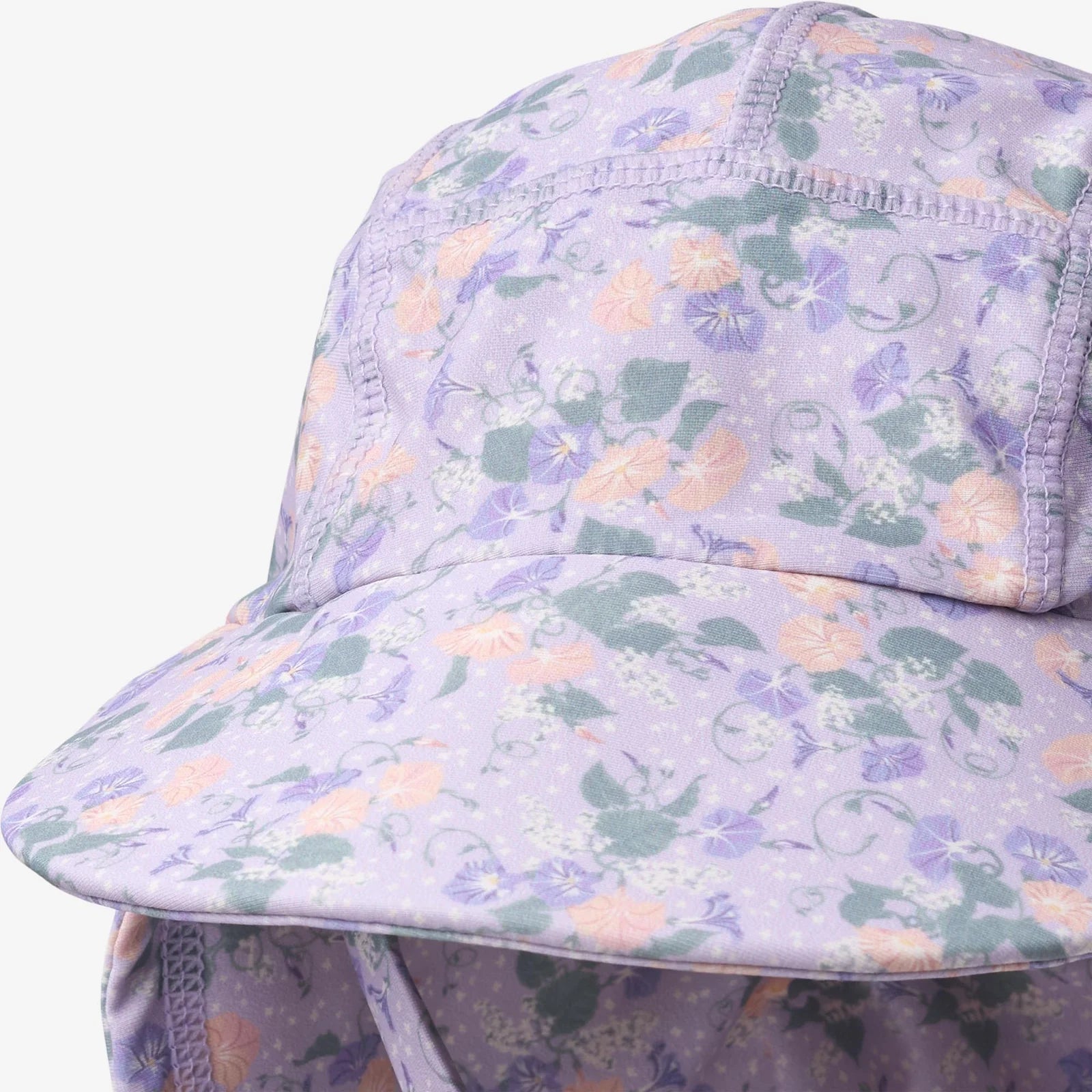 Floral patterned sun hat with a neck flap on a white background