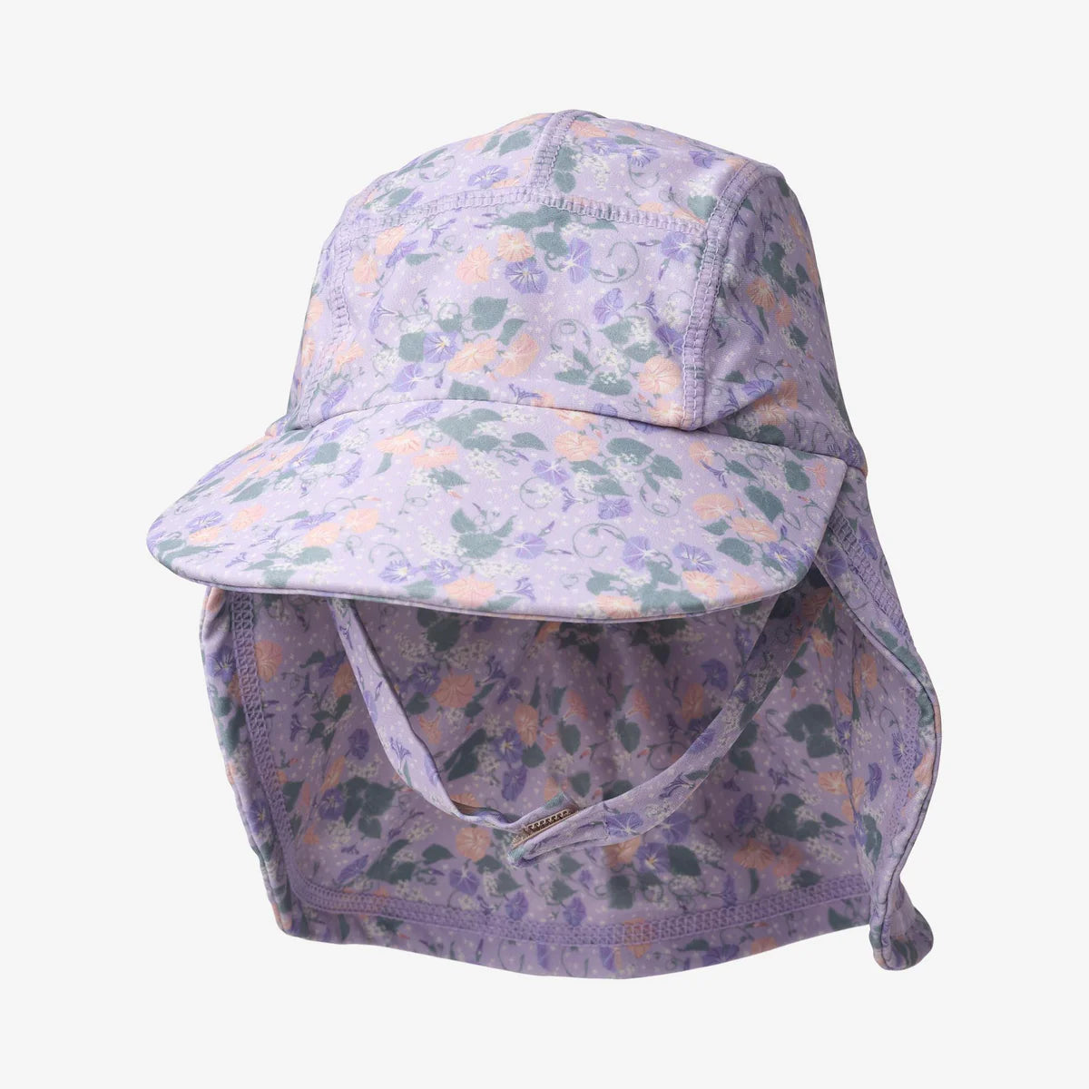 Floral patterned sun hat with a neck flap on a white background