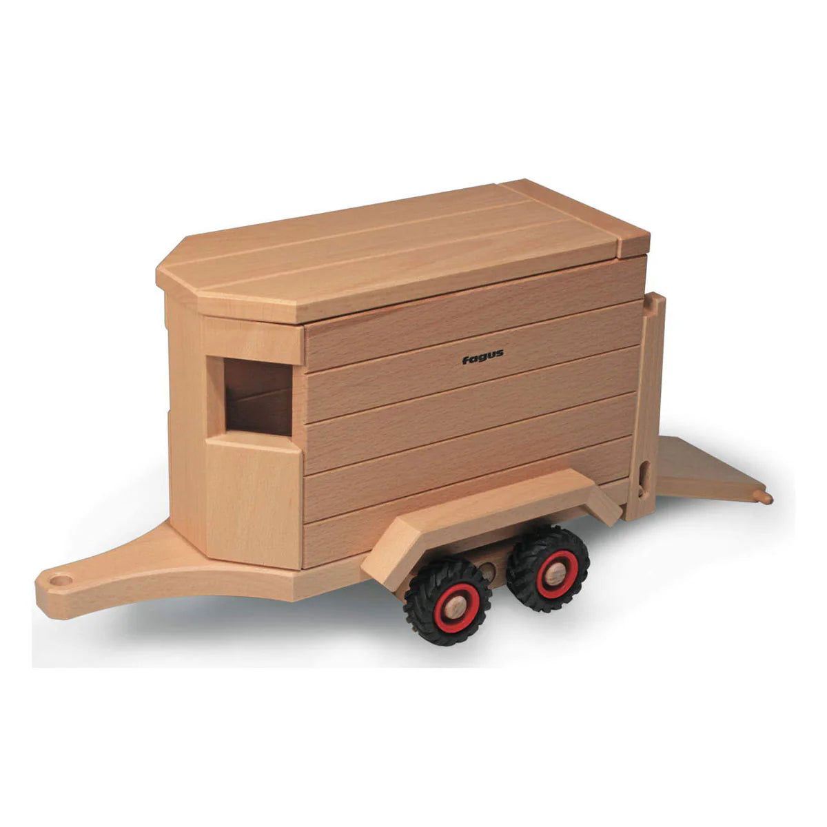 Wooden toy wagon with red wheels on a white background
