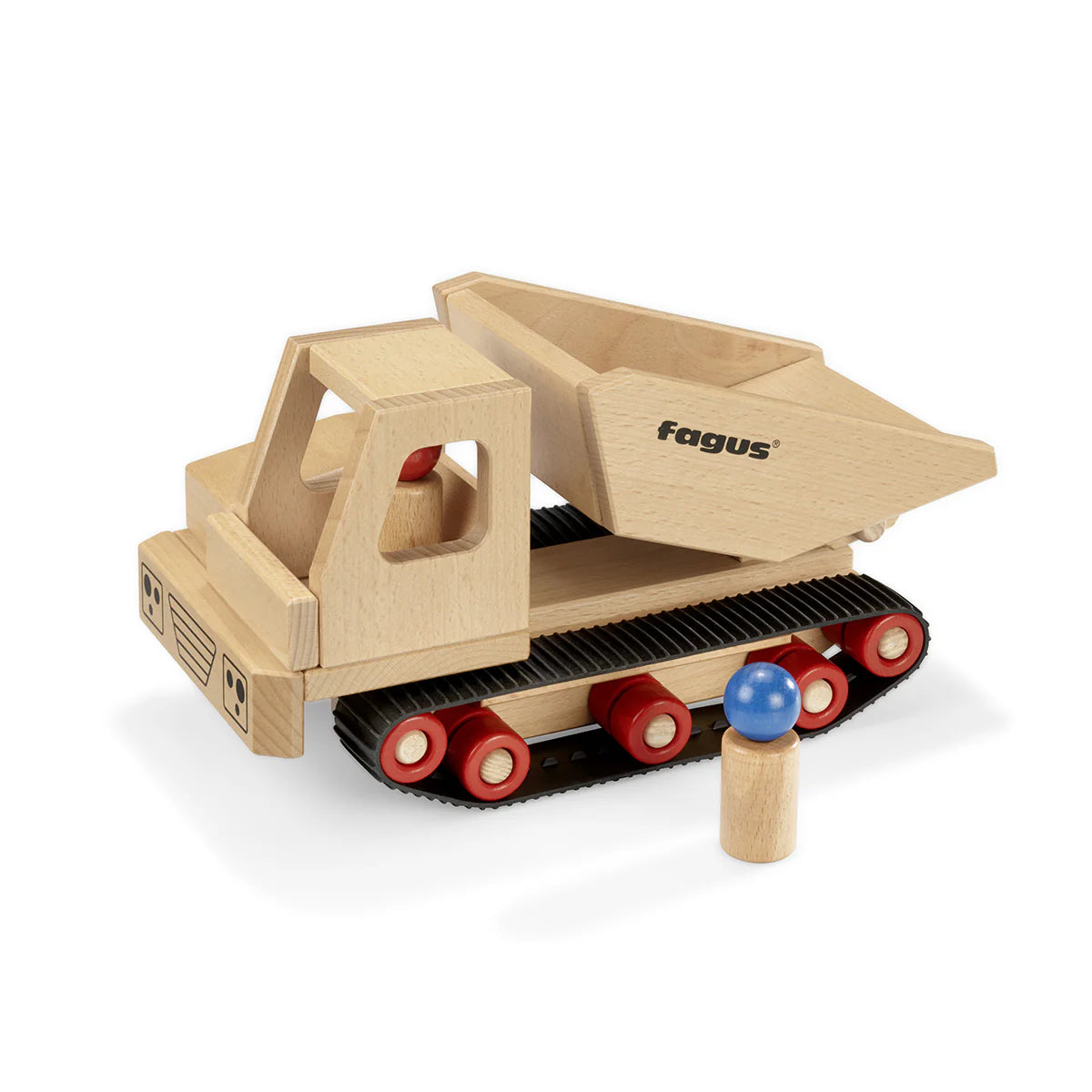 Wooden toy bulldozer with red and blue wheels on a white background
