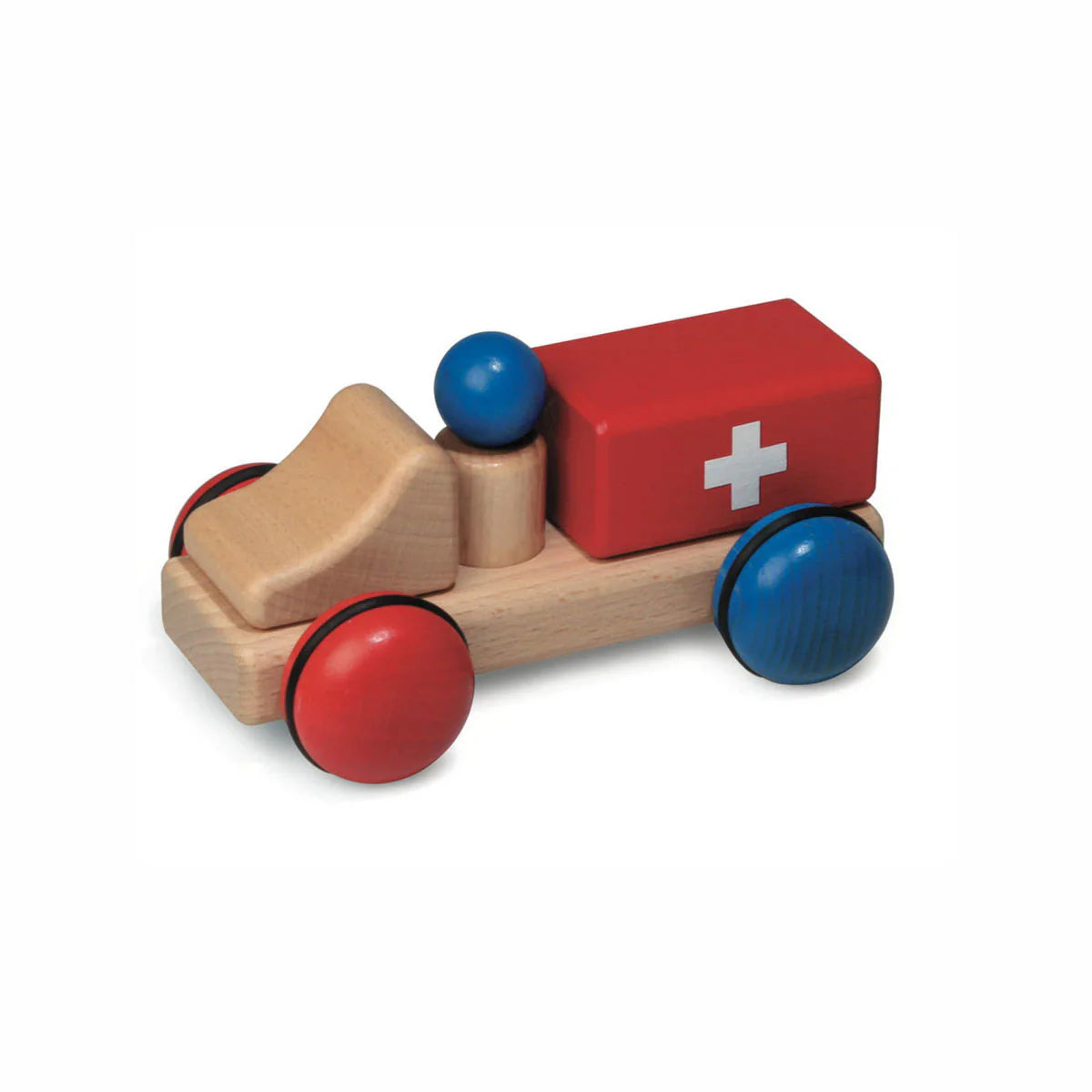 Wooden toy ambulance with red body and blue wheels on a white background