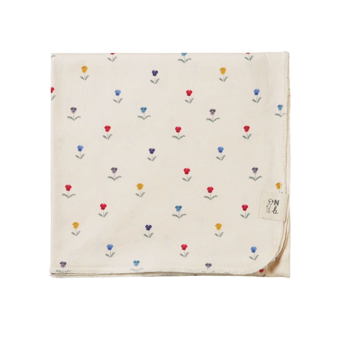 Beige blanket with small colorful flower pattern on a white background
