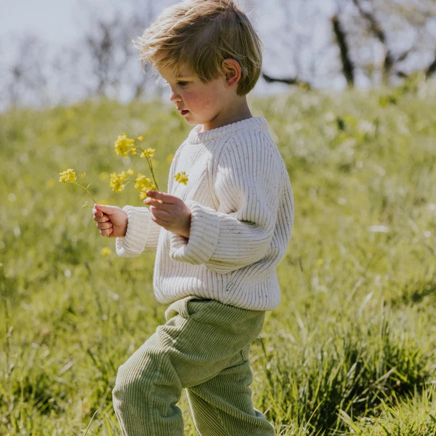 Child sitting on a log in a field of flowers wearing a white sweater and blue pants.