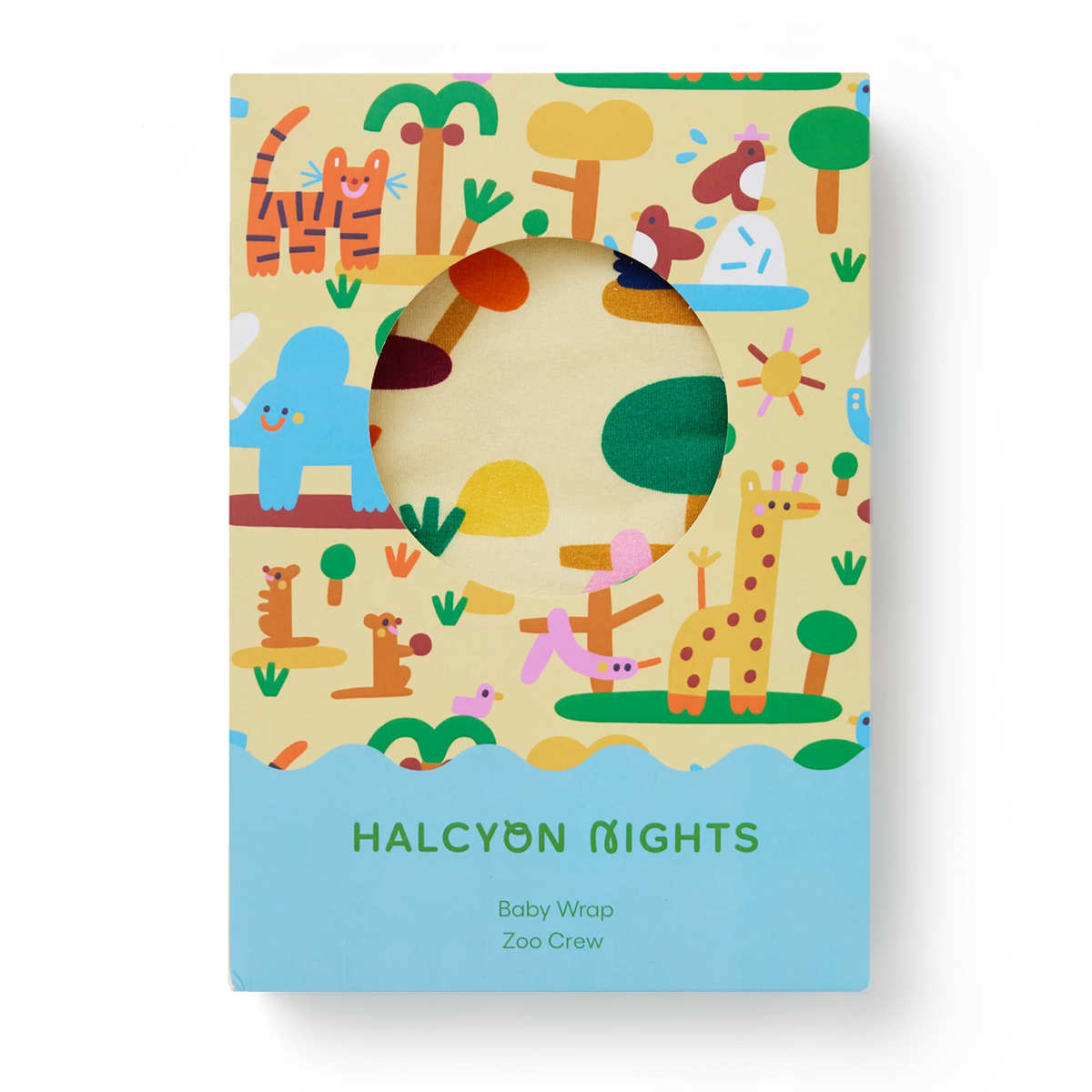 A baby wrap with a zoo-themed pattern, shown inside its packaging box. The packaging features a light yellow top half with colorful animals (giraffe, elephant, tiger, trees) and a light blue bottom half with the text 'HALCYON NIGHTS Baby Wrap Zoo Crew'.