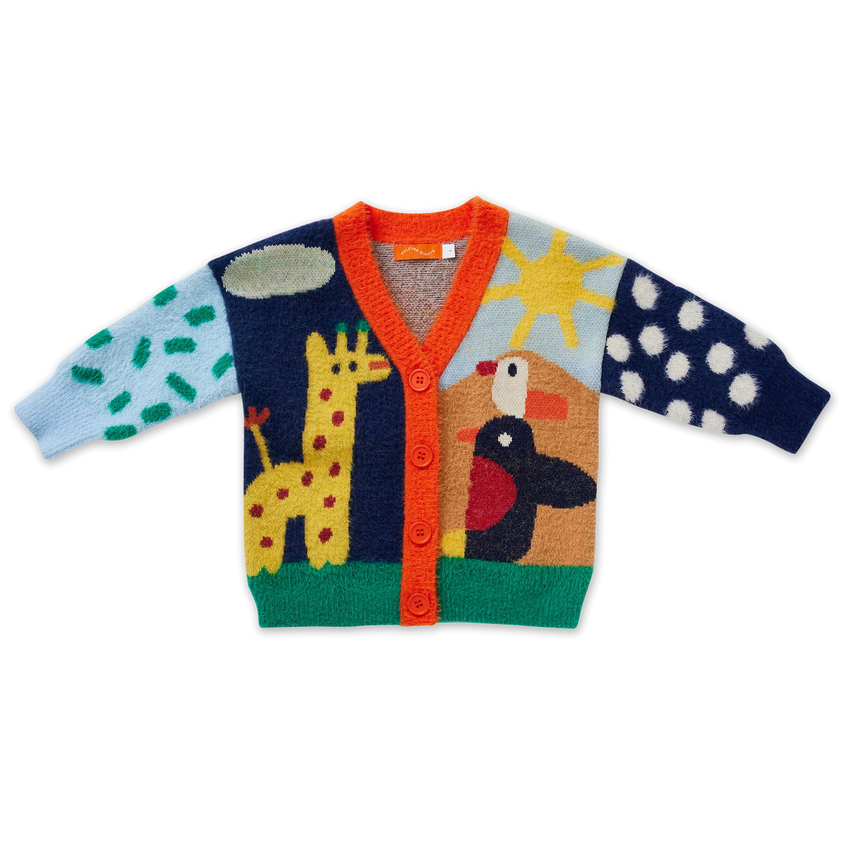A colorful children's knit cardigan sweater with animal and landscape motifs, featuring a navy blue body, orange button placket, light blue patterned sleeves, and a multicolor knitted design.
