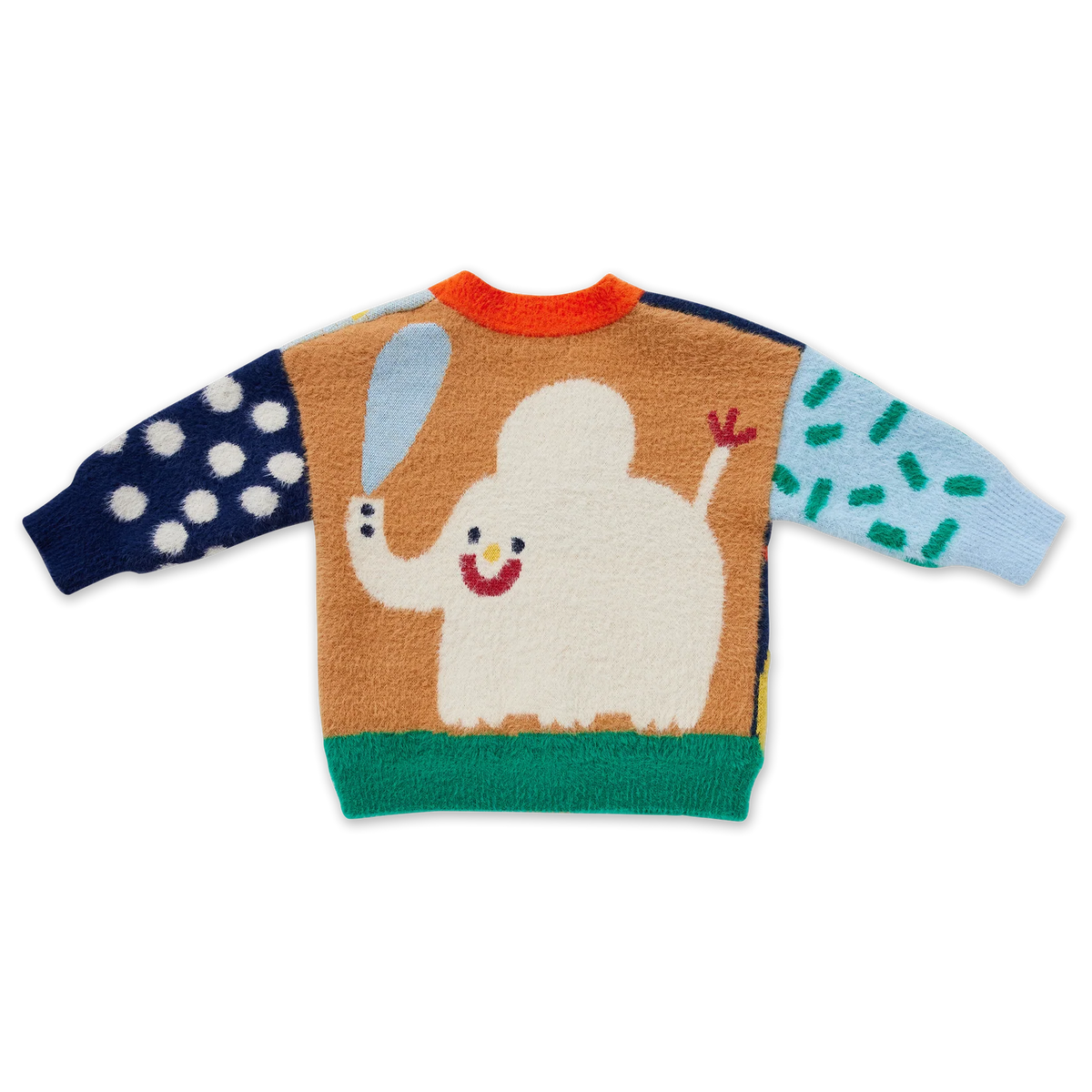 A children's fuzzy knit sweater with a playful elephant design on the front, featuring a tan body, a white elephant, a green base, and multicolored patterned sleeves on a white background.