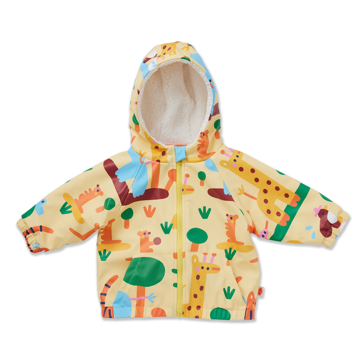 A hooded zip-up jacket for toddlers, featuring a playful safari animal print with giraffes, lions, and cacti in bright colors on a pale yellow background, with a soft cream fleece lining inside the hood.
