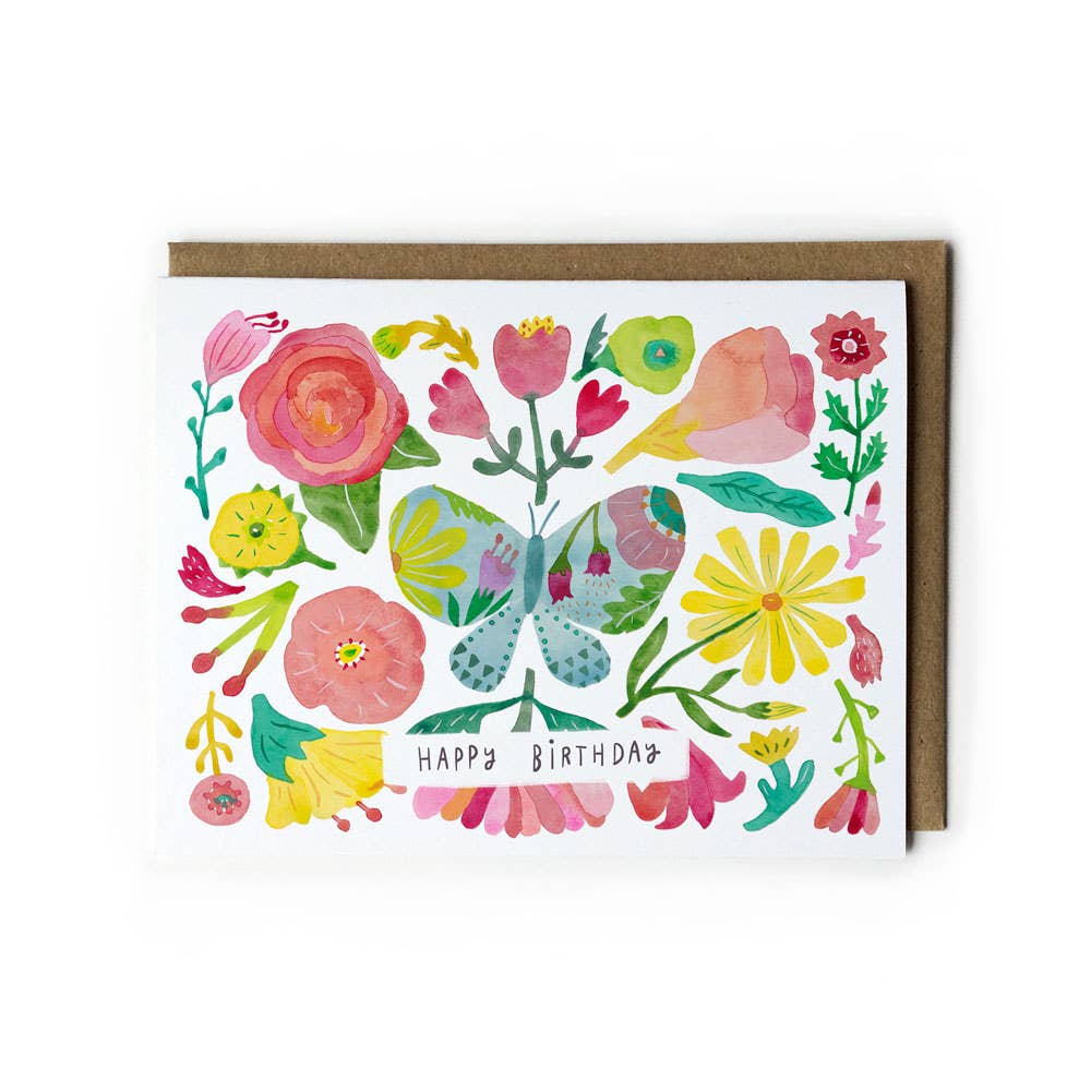 Colorful birthday card with flowers and a butterfly on a white background