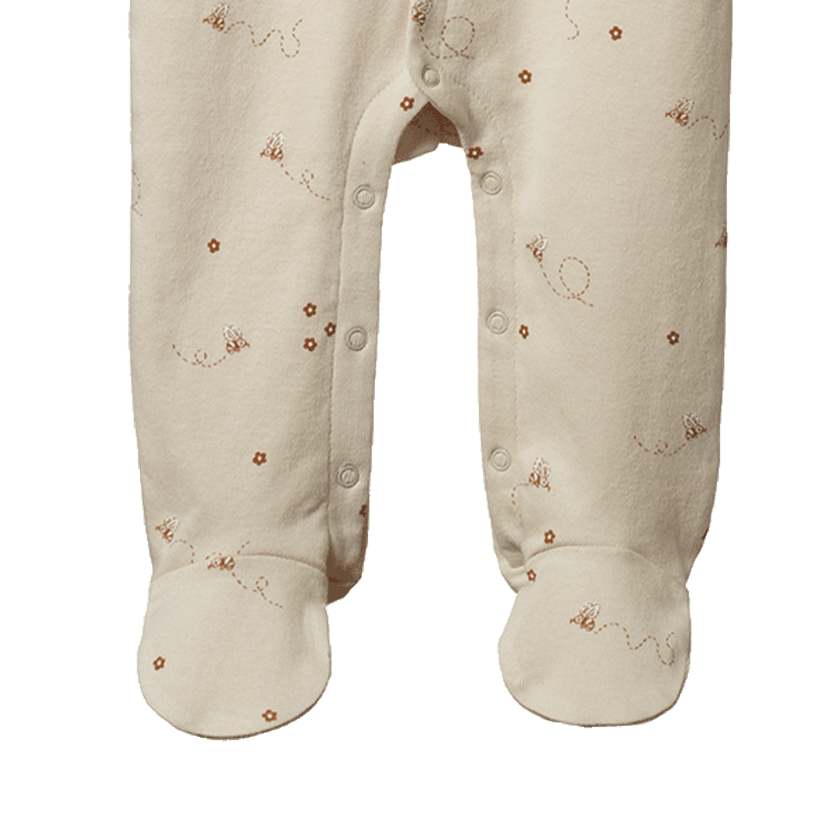 Beige baby onesie with floral patterns on a white background