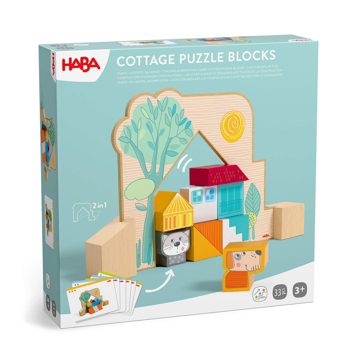 HABA Cottage Puzzle Blocks toy set in its original packaging, featuring a light blue box with illustrations of wooden puzzle pieces that form a cottage and garden scene.