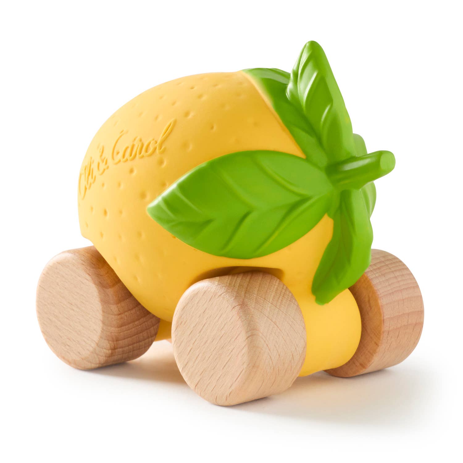 Yellow lemon-shaped toy with wooden wheels and a green leaf on a white background
