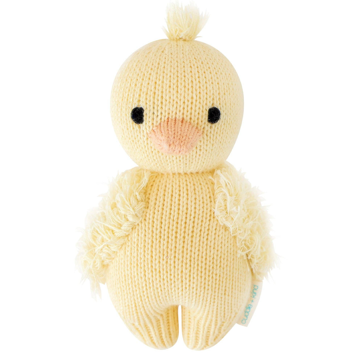 Knitted yellow duck toy on a white background