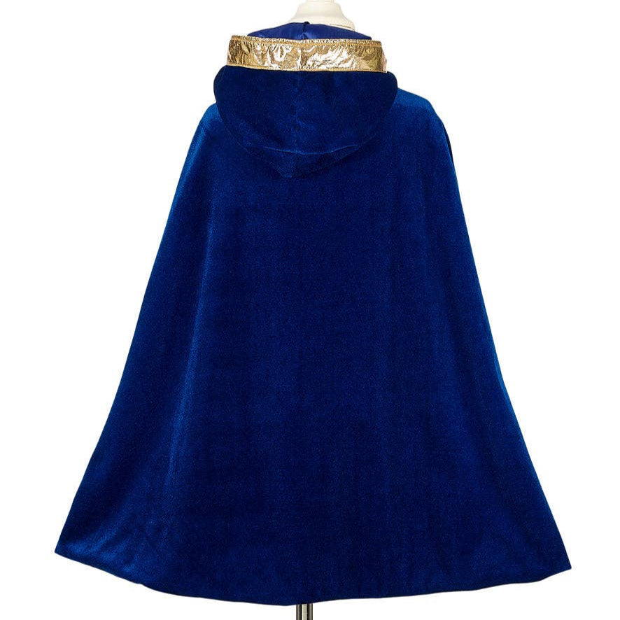 Blue cape with gold trim on a mannequin against a white background