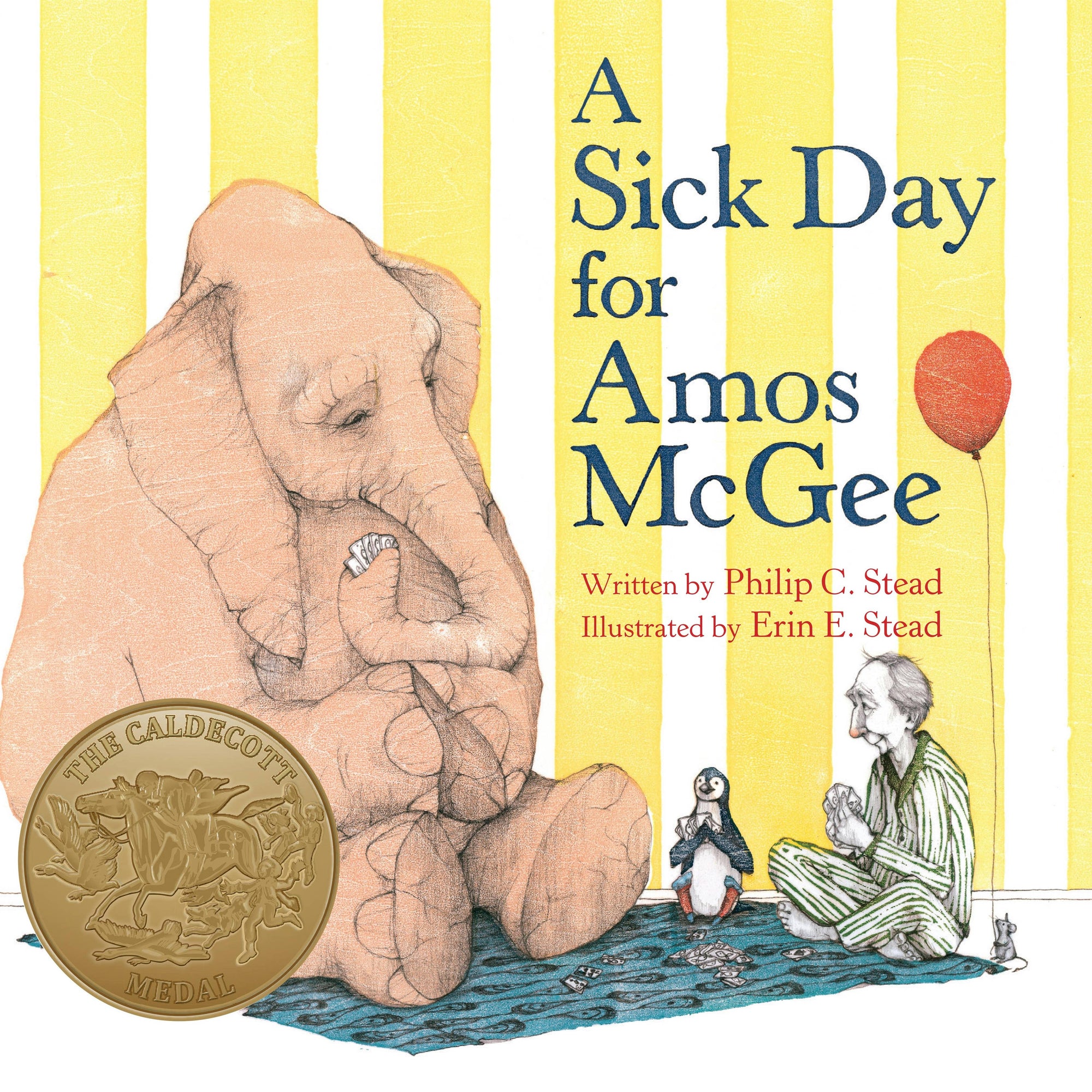 Book cover of 'A Sick Day for Amos McGee' with an illustration of a baby elephant and a man sitting on a rug.