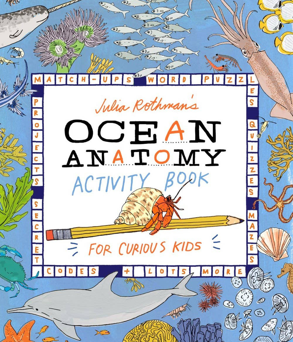 Cover of 'Ocean Anatomy Activity Book' with illustrations of ocean life and a pencil.