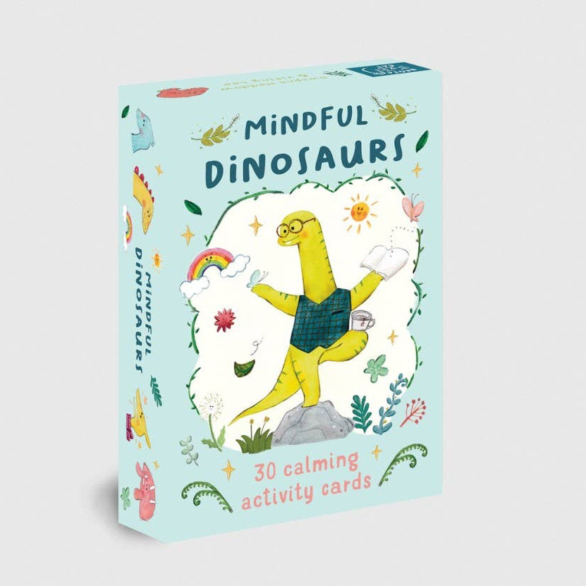 Box of 'Mindful Dinosaurs' activity cards with a dinosaur illustration on a light blue background.