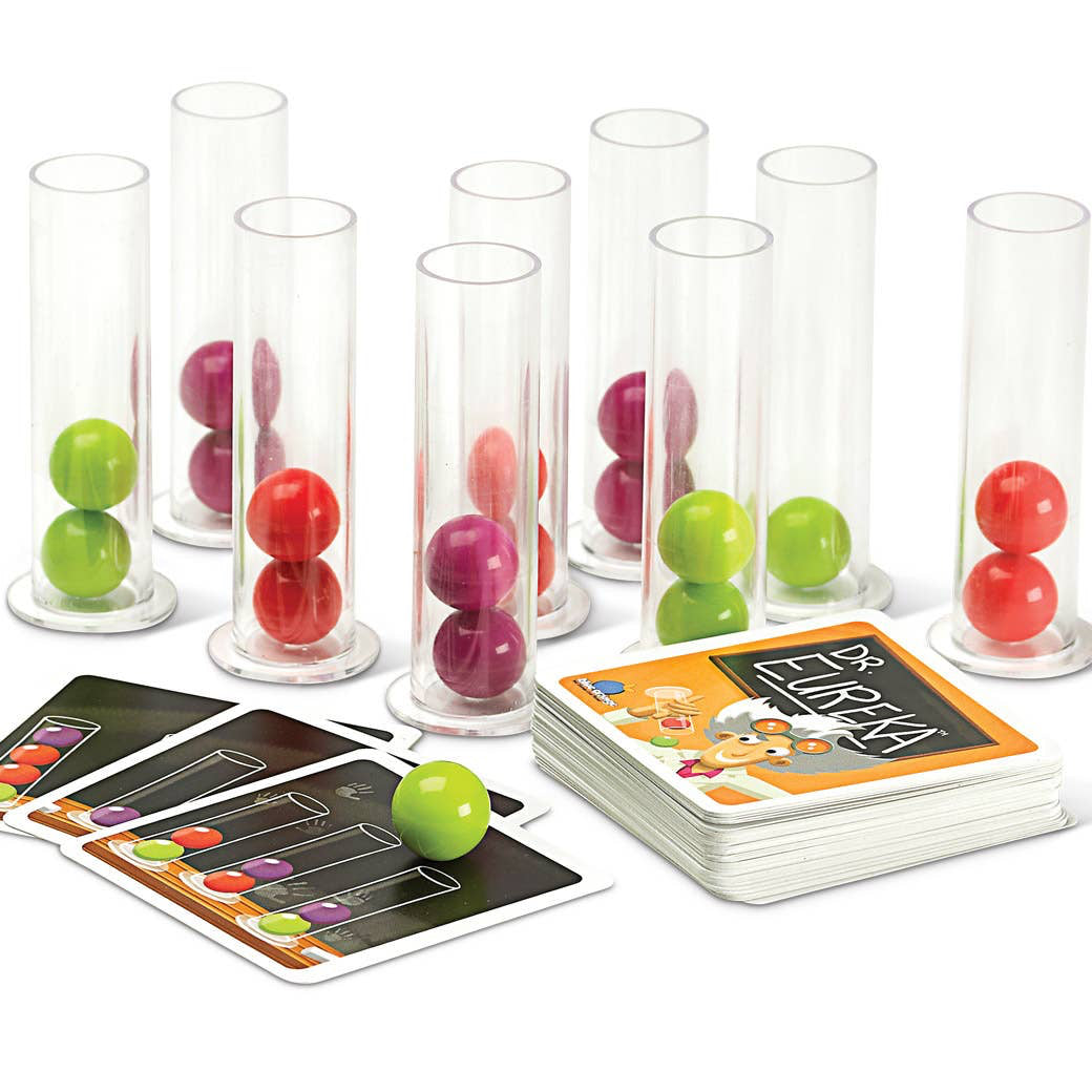 Board game set with colorful balls in tubes and game cards on a white background