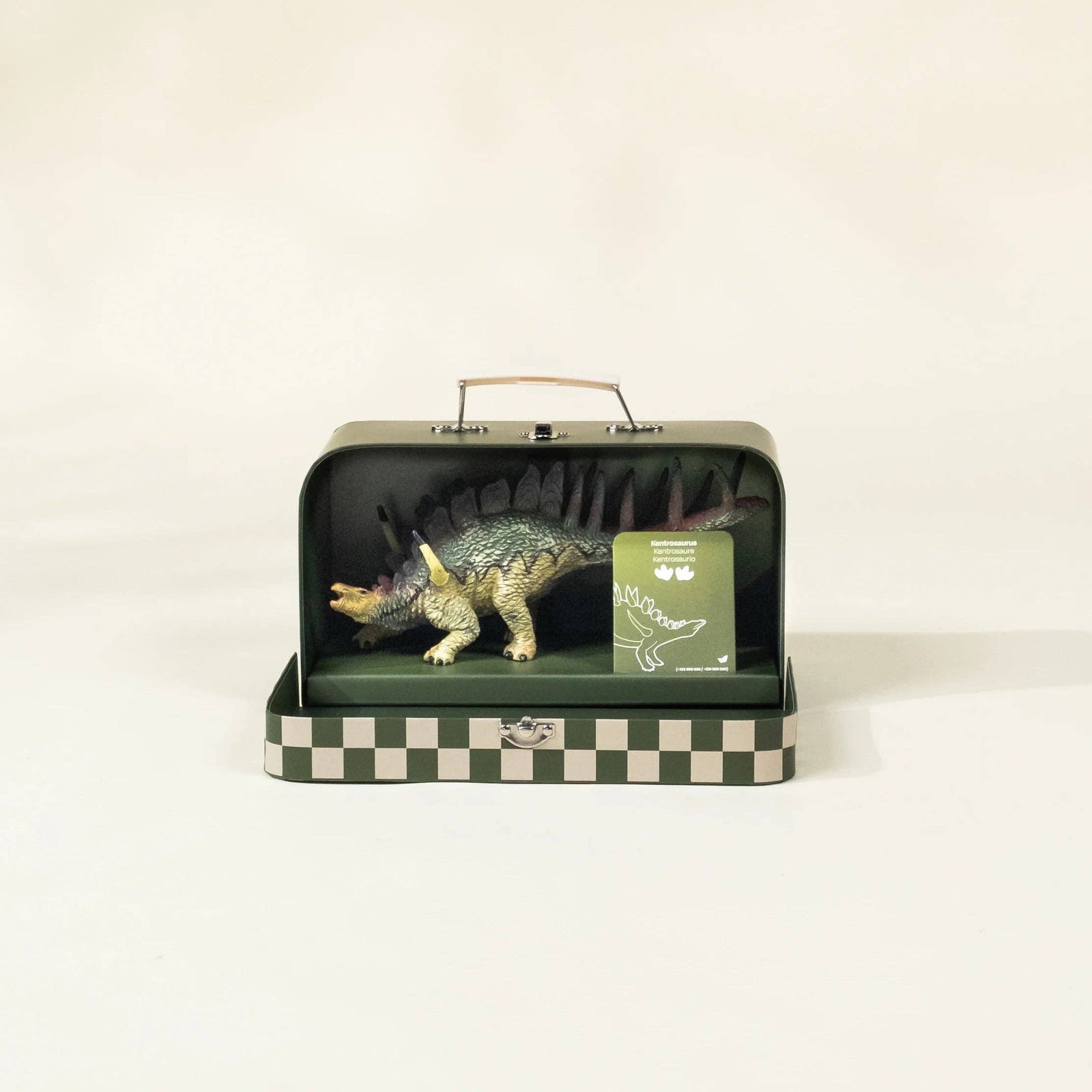 Green toy dinosaur box with a dinosaur illustration on a white background