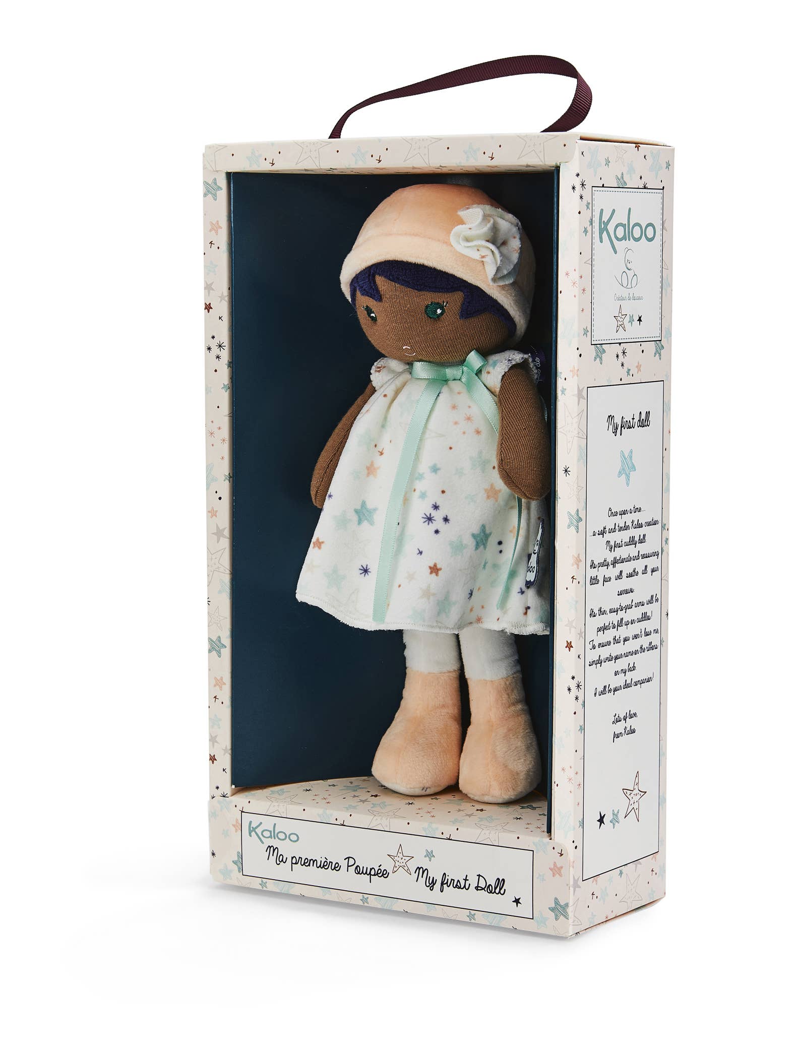 Stuffed doll with a star-patterned dress on a white background
